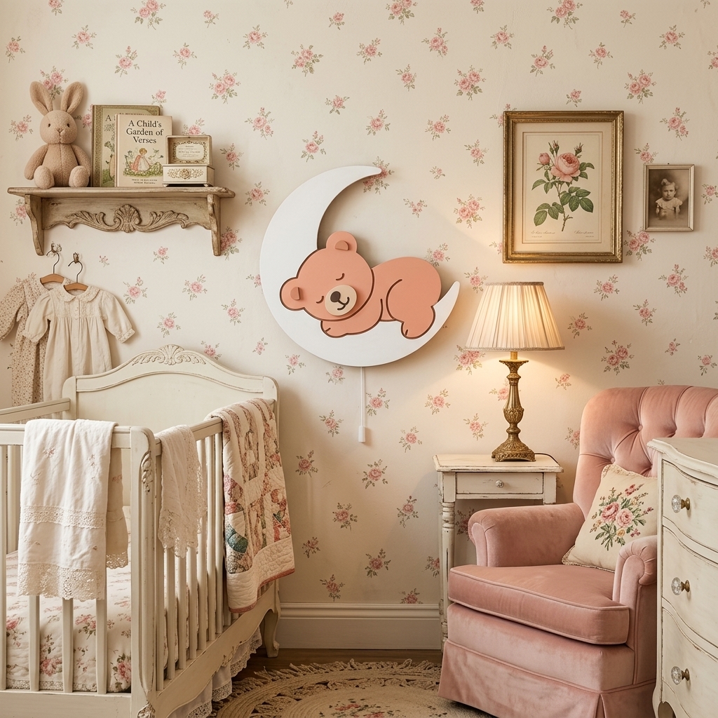 Personalized Wooden Teddy Bear On Moon Nursery Lamp & Night Light
