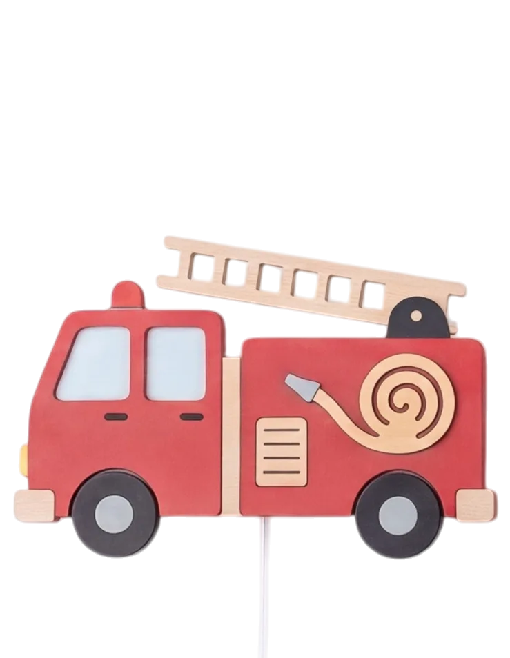 Personalized Wooden Fire Truck Nursery Lamp & Night Light